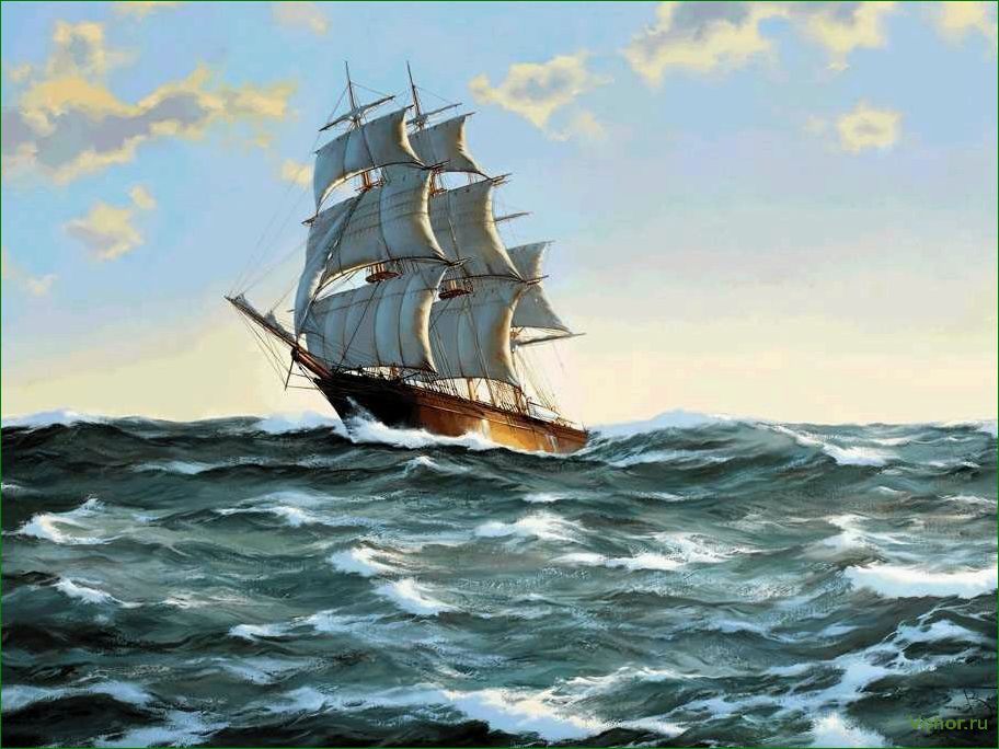 (корабль, морю, плывет) A ship sails on the sea